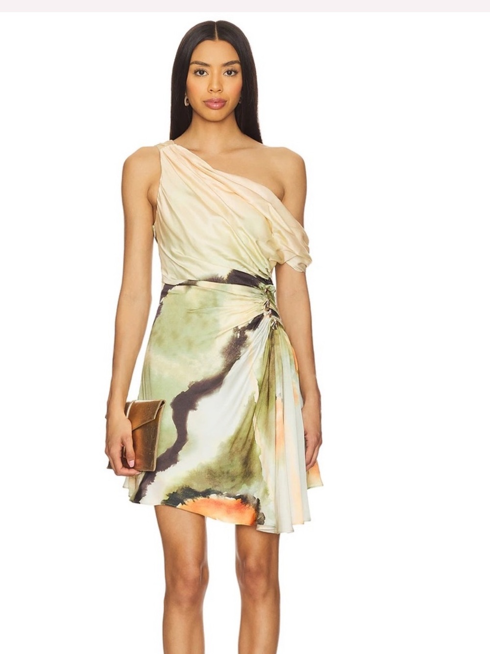 AMUR One-Shoulder Watercolor Mini Dress in Green, Peach and Black
